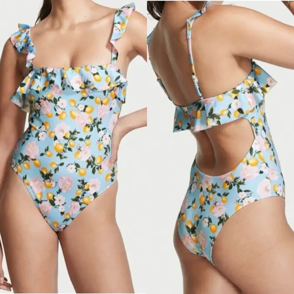 NEW! Victoria's Secret Baby Blue Lemon Floral Ruffle One-Piece Swimsuit